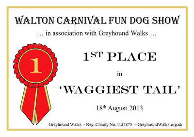 Certificate with a red rosette on for the winner of the 'Waggiest Tail' class at the 2013 Walton Carnival Fun Dog Show.